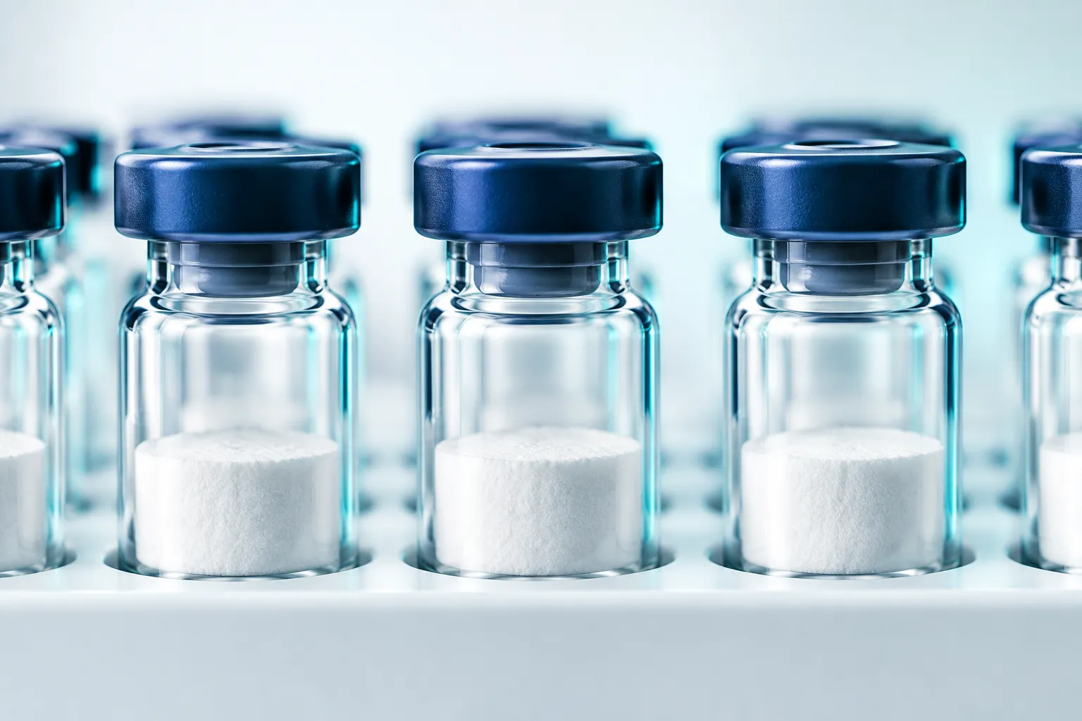 Close-up of sealed vials holding white lyophilized powder in a lab rack