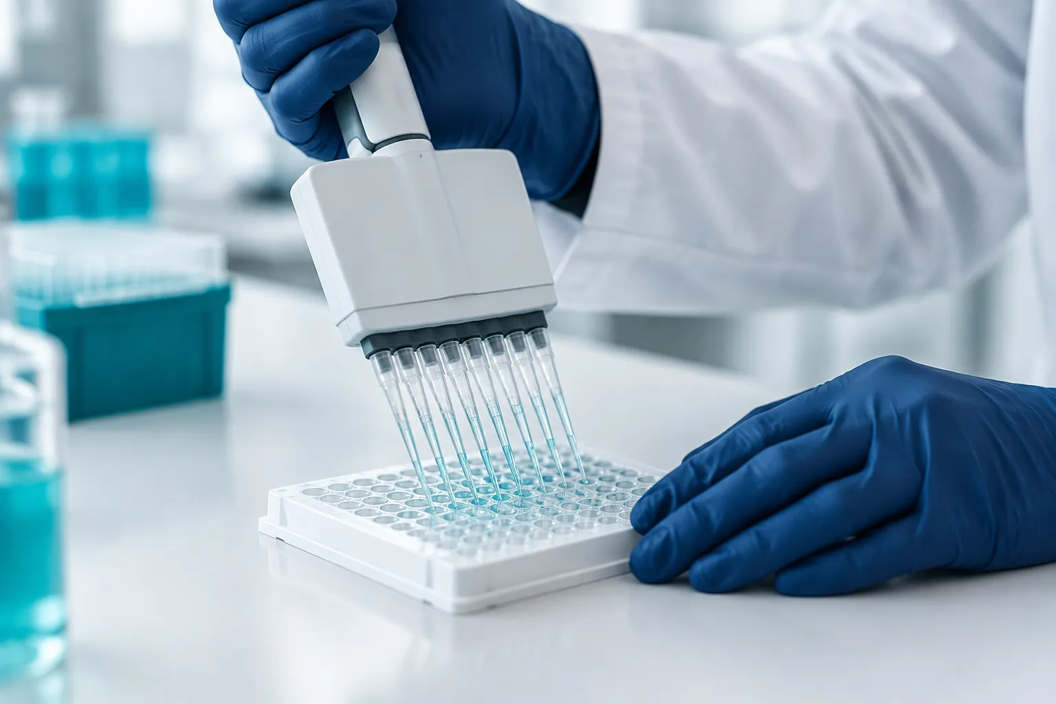 Gloved hands dispensing samples into a 96-well plate with a multichannel pipette